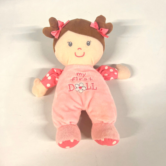 Baby Starters My First Doll Brown Hair Embroidered Eyes Pink Clothes Bow Rattle - Picture 1 of 4